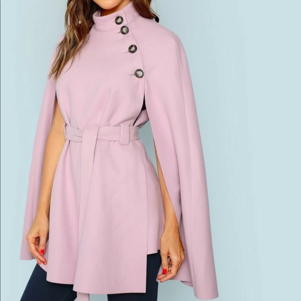 Button front self belted cape coat